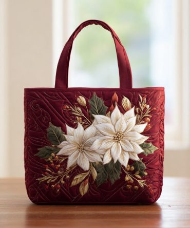 Burgundy Poinsettia Quilted Tote Bag