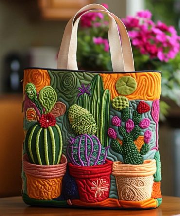 Cactus Moonlight Quilted Tote Bag