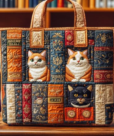 Cat Shelf Stories Quilted Tote Bag
