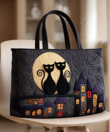 Cat In The Moonlight Quilted Tote Bag