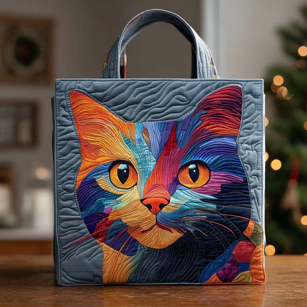 Colorburst Cat Portrait Quilted Tote Bag