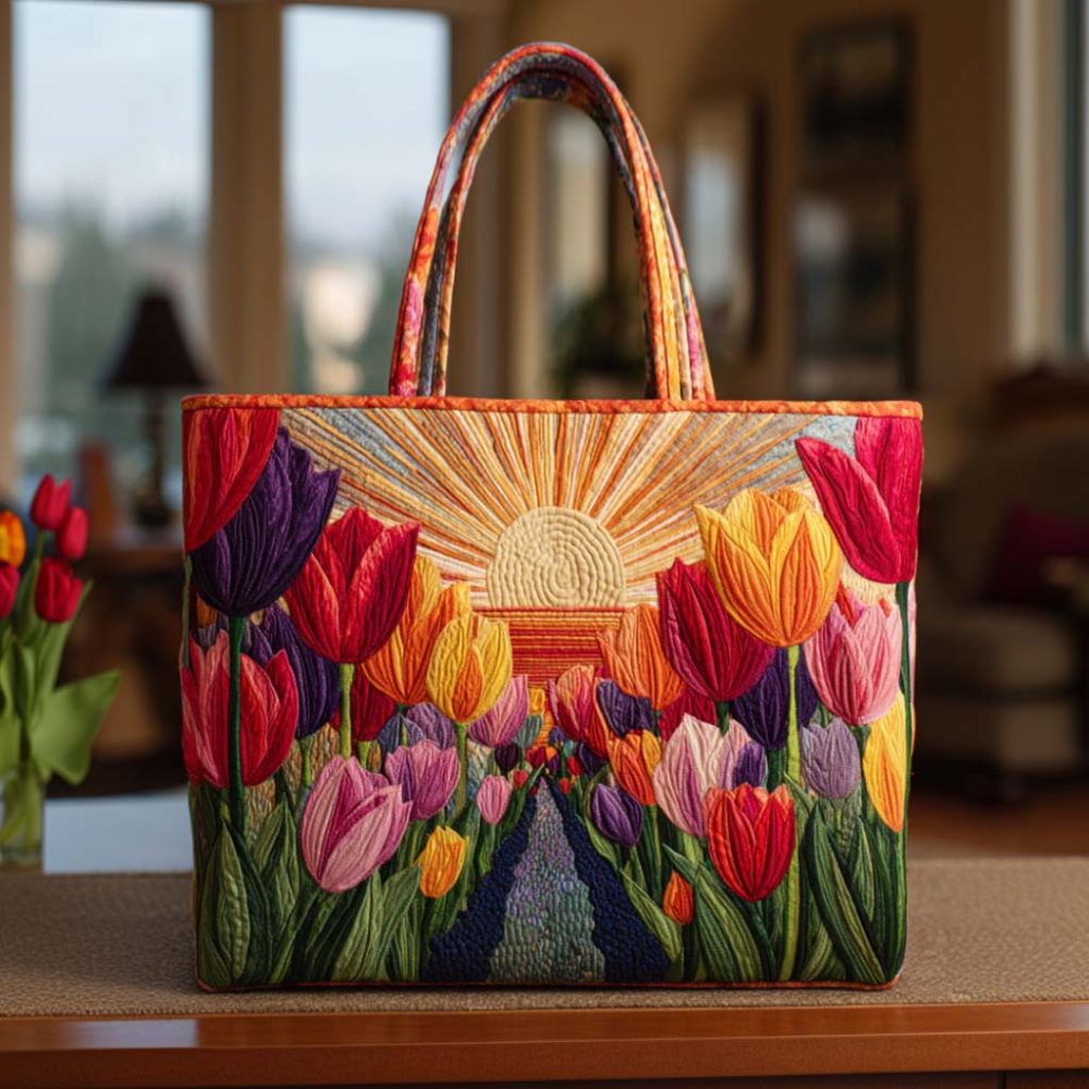 Colorful Tulip Field Quilted Tote Bag