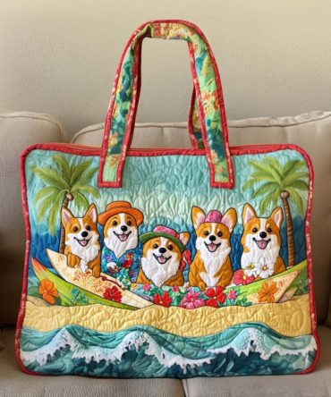 Corgi Sunset Trail Quilted Tote Bag