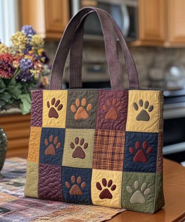 Cozy Paw Squares Quilted Tote Bag