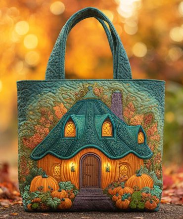 Cozy Pumpkin House Quilted Tote Bag