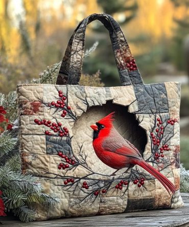 Crimson Bird Quilted Tote Bag