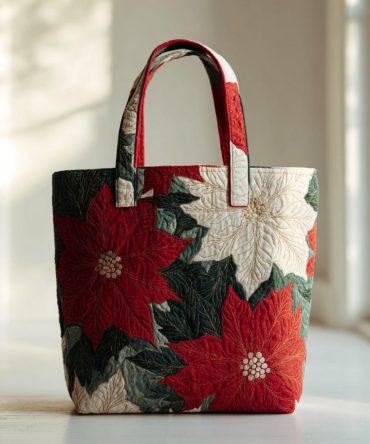 Crimson Poinsettia Quilted Tote Bag