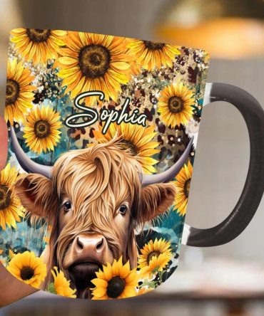 Highland Cow Among Sunflowers - Personalized Accent Mug