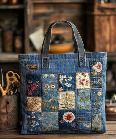 Denim Blossom Quilted Tote Bag