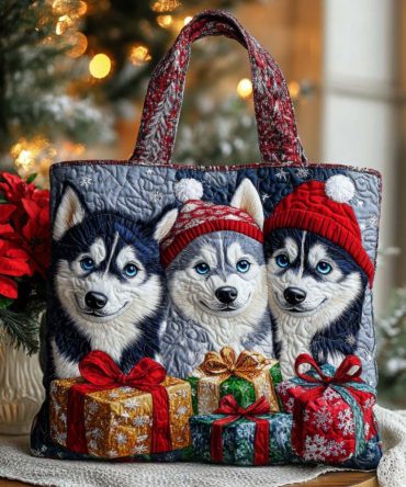 Festive Huskies Quilted Tote Bag