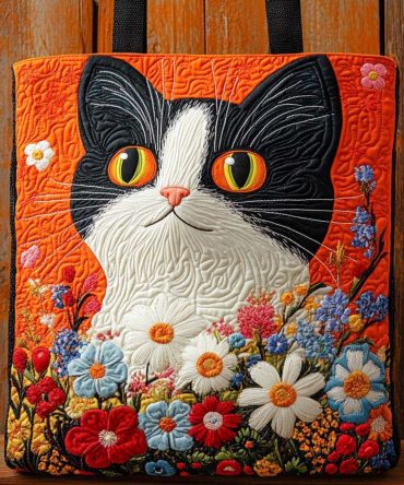 Floral Muse Cat Quilted Tote Bag