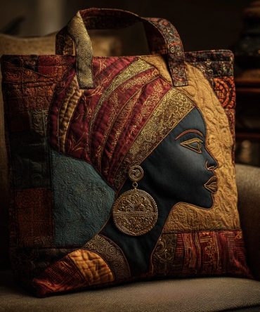 Golden Black Woman Quilted Tote Bag