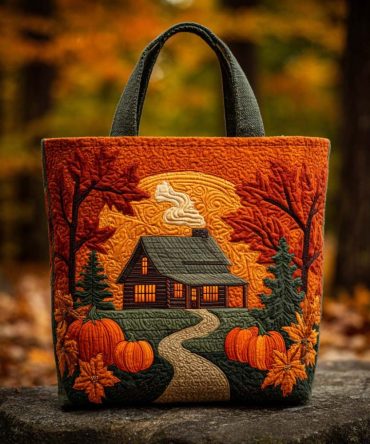 Golden Leaf Path Quilted Tote Bag