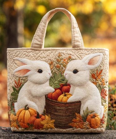 Golden Leaf Rabbit Quilted Tote Bag