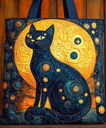 Golden Moon Cat Quilted Tote Bag