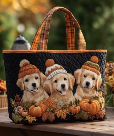Golden Pumpkin Pals Quilted Tote Bag