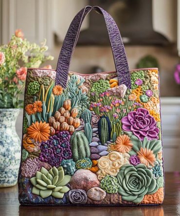 Green Cactus Charm Quilted Tote Bag