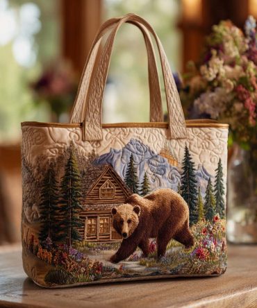 Grizzly Forest Scene Quilted Tote Bag