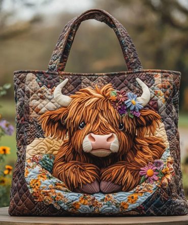 Highland Cow Blossom Quilted Tote Bag