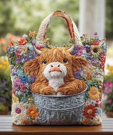 Highland Cow Meadow Quilted Tote Bag