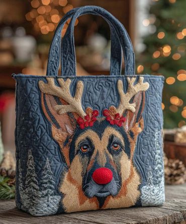 Holiday Reindeer German Shepherd Quilted Tote Bag