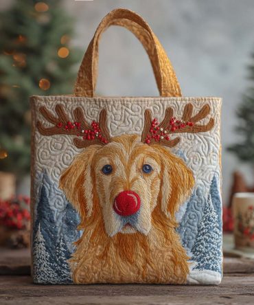 Holiday Reindeer Golden Retriever Quilted Tote Bag