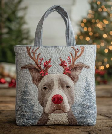 Holiday Reindeer Pitbull Quilted Tote Bag