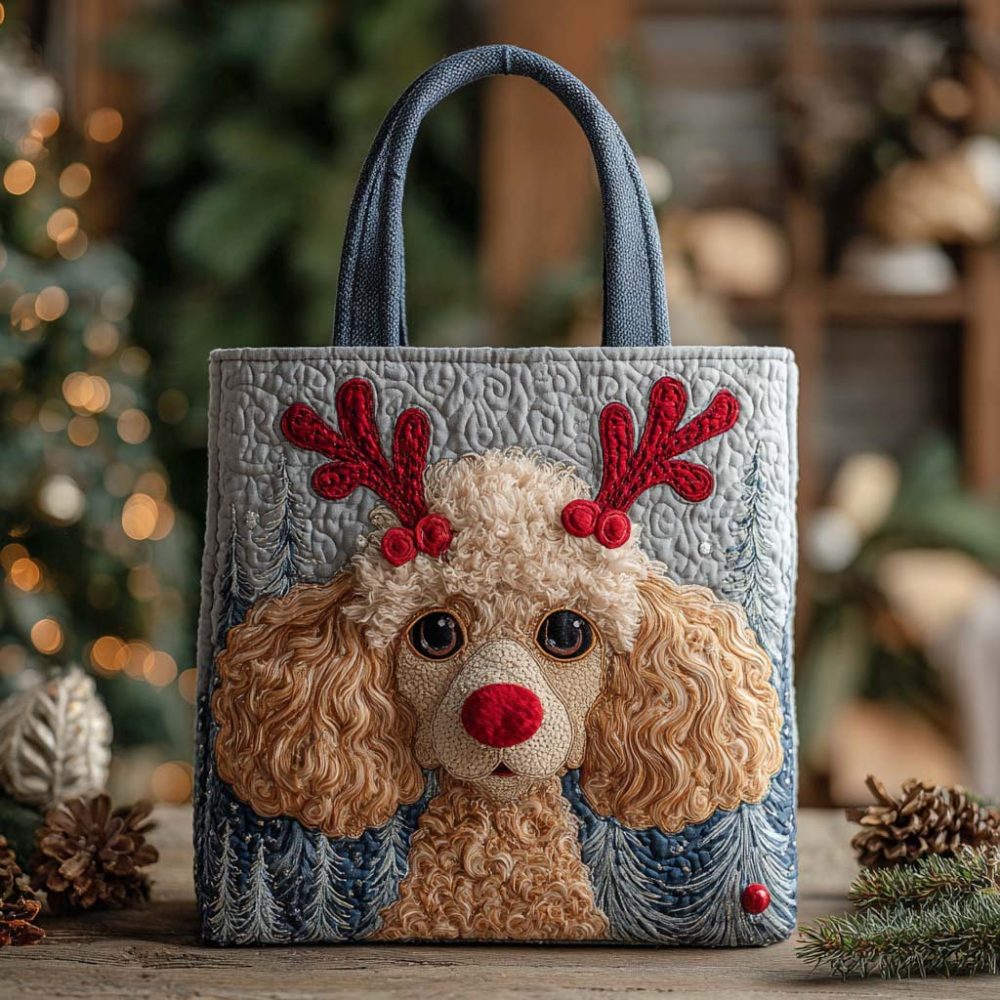 Holiday Reindeer Poodle Apricot Quilted Tote Bag