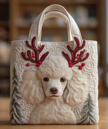 Holiday Reindeer Poodle White Quilted Tote Bag