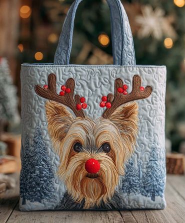 Holiday Reindeer Yorkshire Terrier Quilted Tote Bag