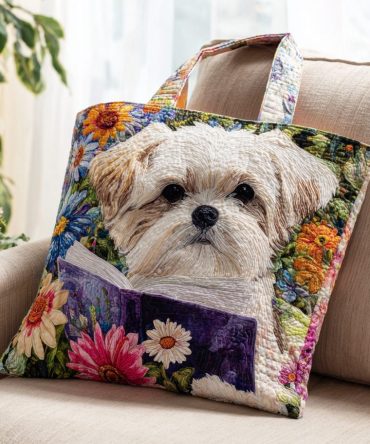 Literary Shih Tzu Quilted Tote Bag