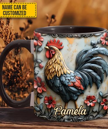 Rooster And Vibrant Flowers - Personalized Chicken Accent Mug