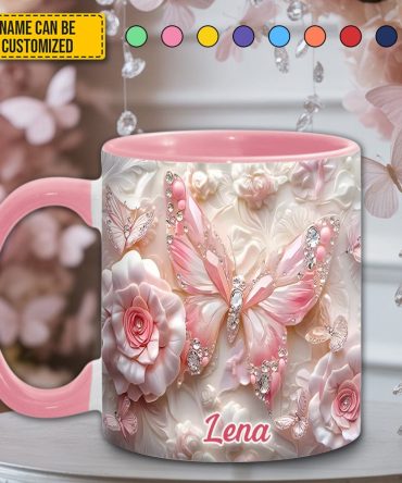 Personalized Pink Butterfly & Flower Accent Mug