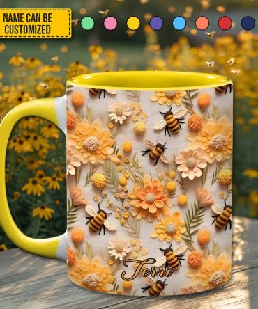 Personalized Honey Bee With Flowers Accent Mug