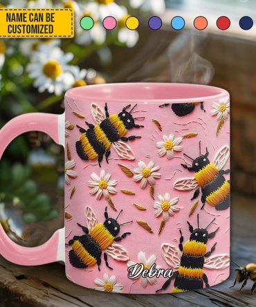 Personalized Bee & Daisy Accent Mug – Embroidered  Style
