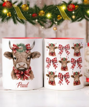 Personalized Christmas Cow Accent Mug With Plaid Bows