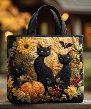 Midnight Harvest Cat Quilted Tote Bag