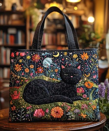 Moonlit Meow Quilted Tote Bag