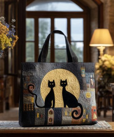 Moonlit Meow Quilted Tote Bag