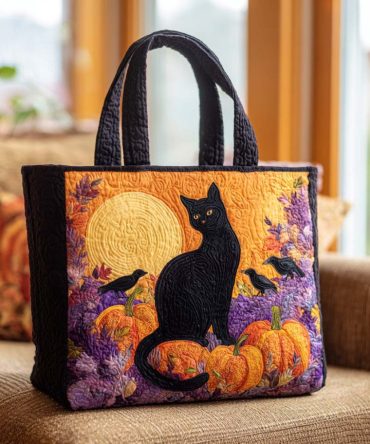 Moonlit Purr Quilted Tote Bag