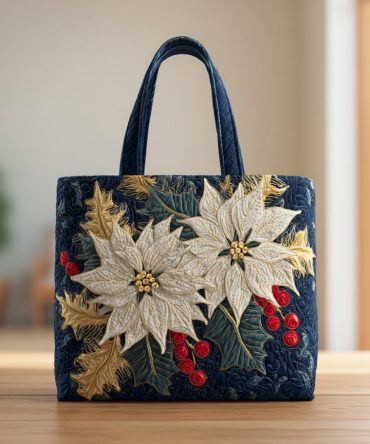 Navy Poinsettia Quilted Tote Bag