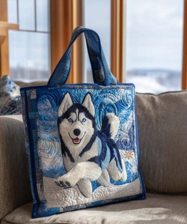 Playful Husky Quilted Tote Bag
