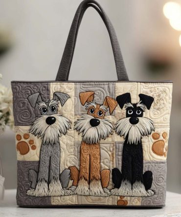 Playful Schnauzer Trio Quilted Tote Bag