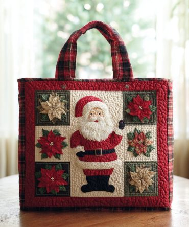 Poinsettia Santa Claus Quilted Tote Bag