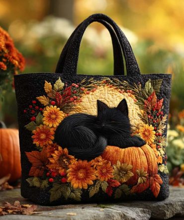 Pumpkin Patch Cat Quilted Tote Bag