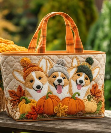 Pumpkin Patch Corgis Quilted Tote Bag
