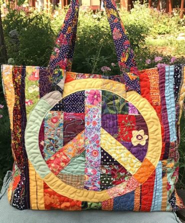 Retro Peace Patch Quilted Tote Bag