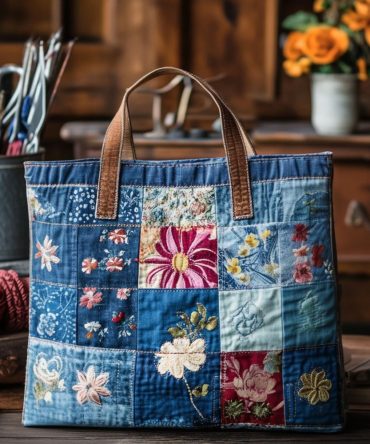 Rustic Floral Patchwork Quilted Tote Bag