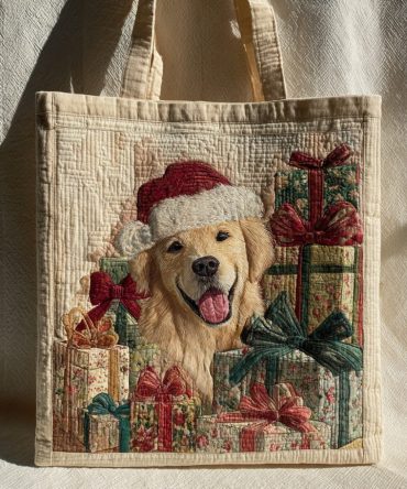 Santa Golden Retriever Quilted Tote Bag