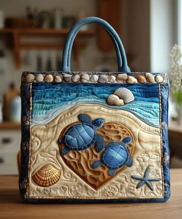 Shell Turtle Hug Quilted Tote Bag